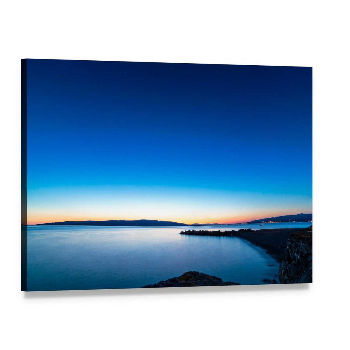 Rocky Coast Sunset Over Calm Sea Canvas Wall Art, single panel gallery wrapped canvas, angled product view