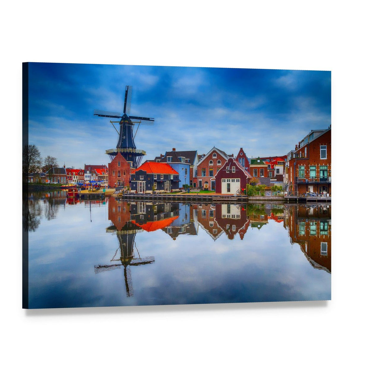 Haarlem Windmill and Colorful Houses Canvas Wall Art, single panel gallery wrapped canvas, angled product view