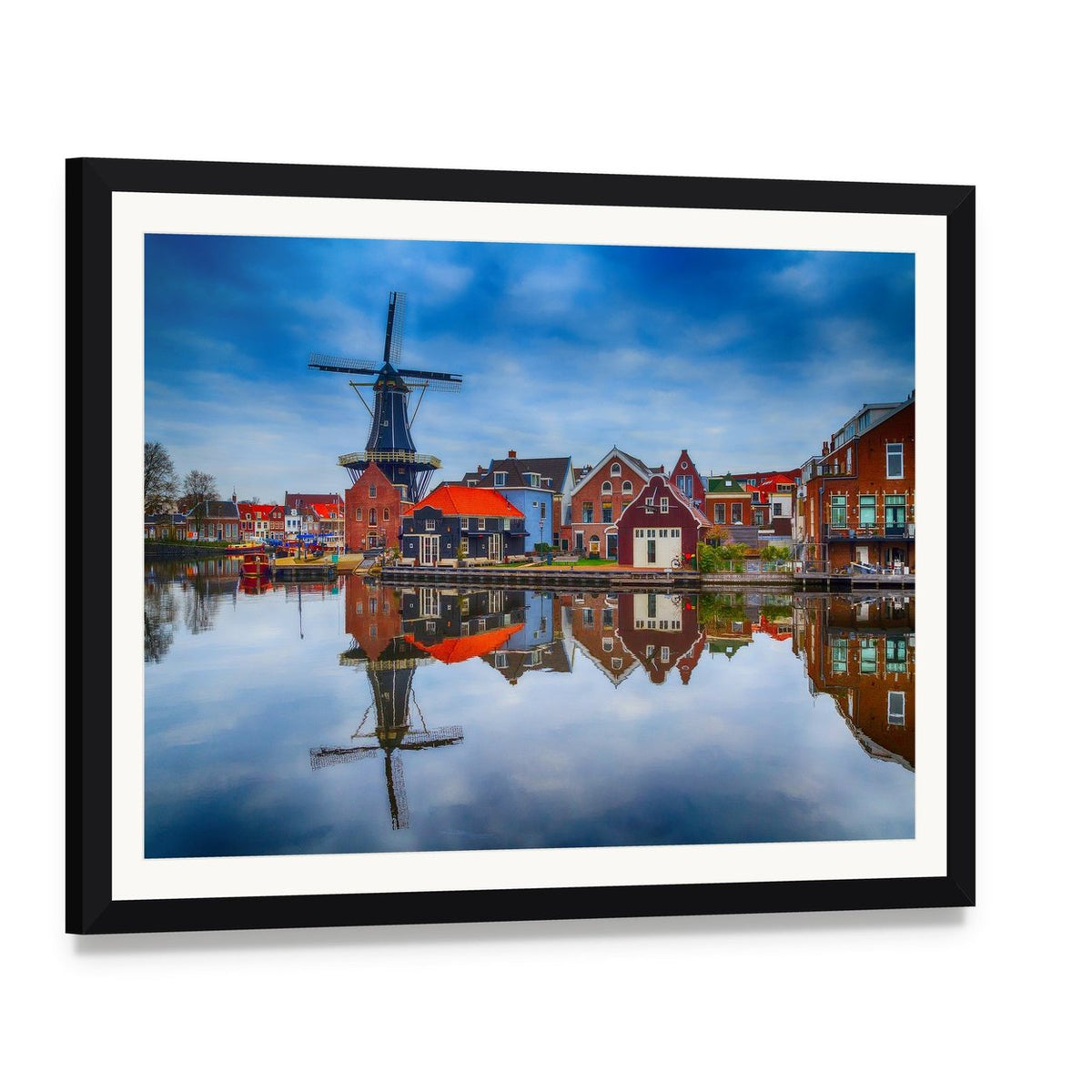 Haarlem Windmill and Colorful Houses Canvas Wall Art, framed print with white mat and black frame, angled product view