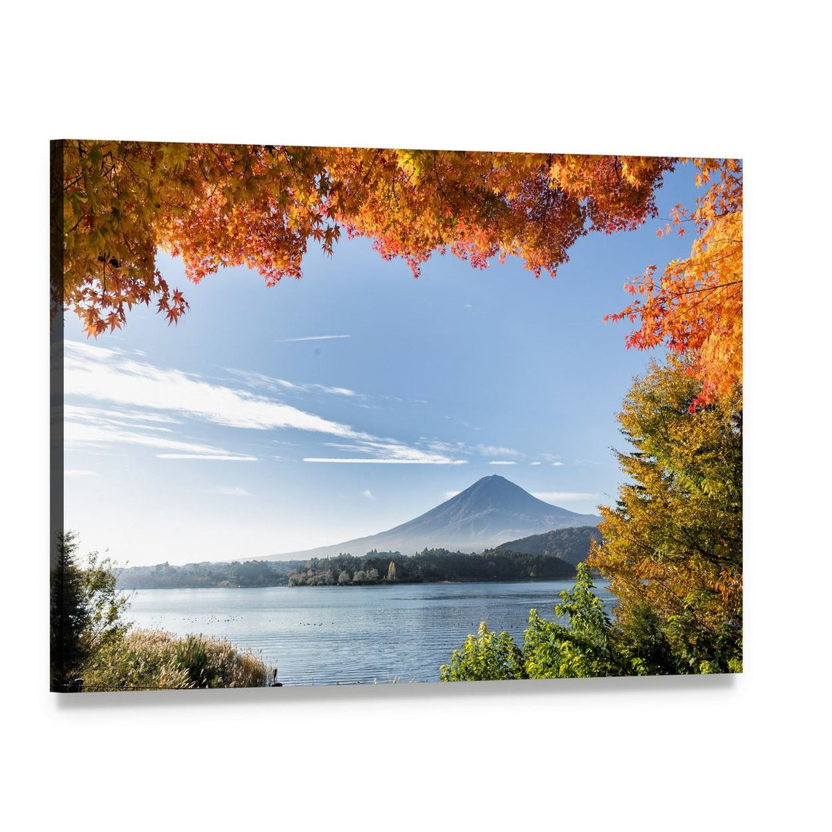 Mount Fuji Over Lake in Autumn Canvas Wall Art, single panel gallery wrapped canvas, angled product view
