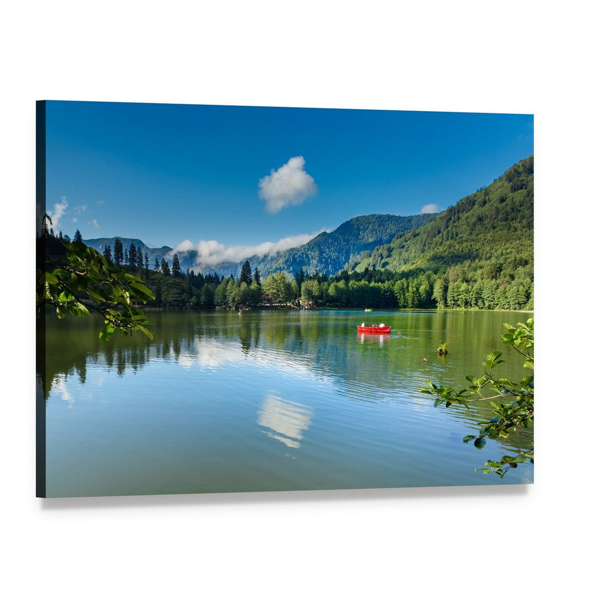 Karagol Black Lake with Red Boat Canvas Wall Art, single panel gallery wrapped canvas, angled product view