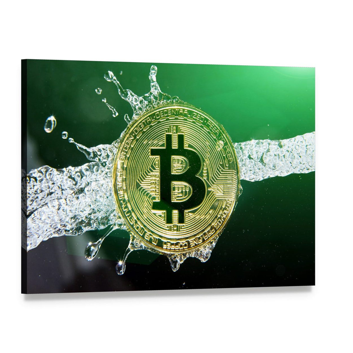 Bitcoin Logo with Water Splash Canvas Wall Art, single panel gallery wrapped canvas, angled product view