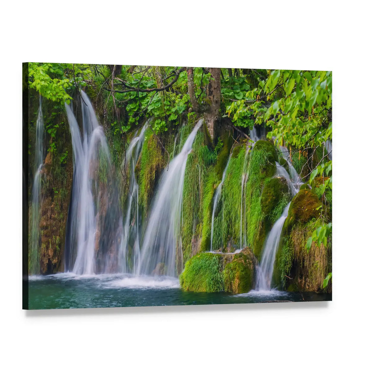 Silky Waterfall in Lush Forest Canvas Wall Art, single panel gallery wrapped canvas, angled product view