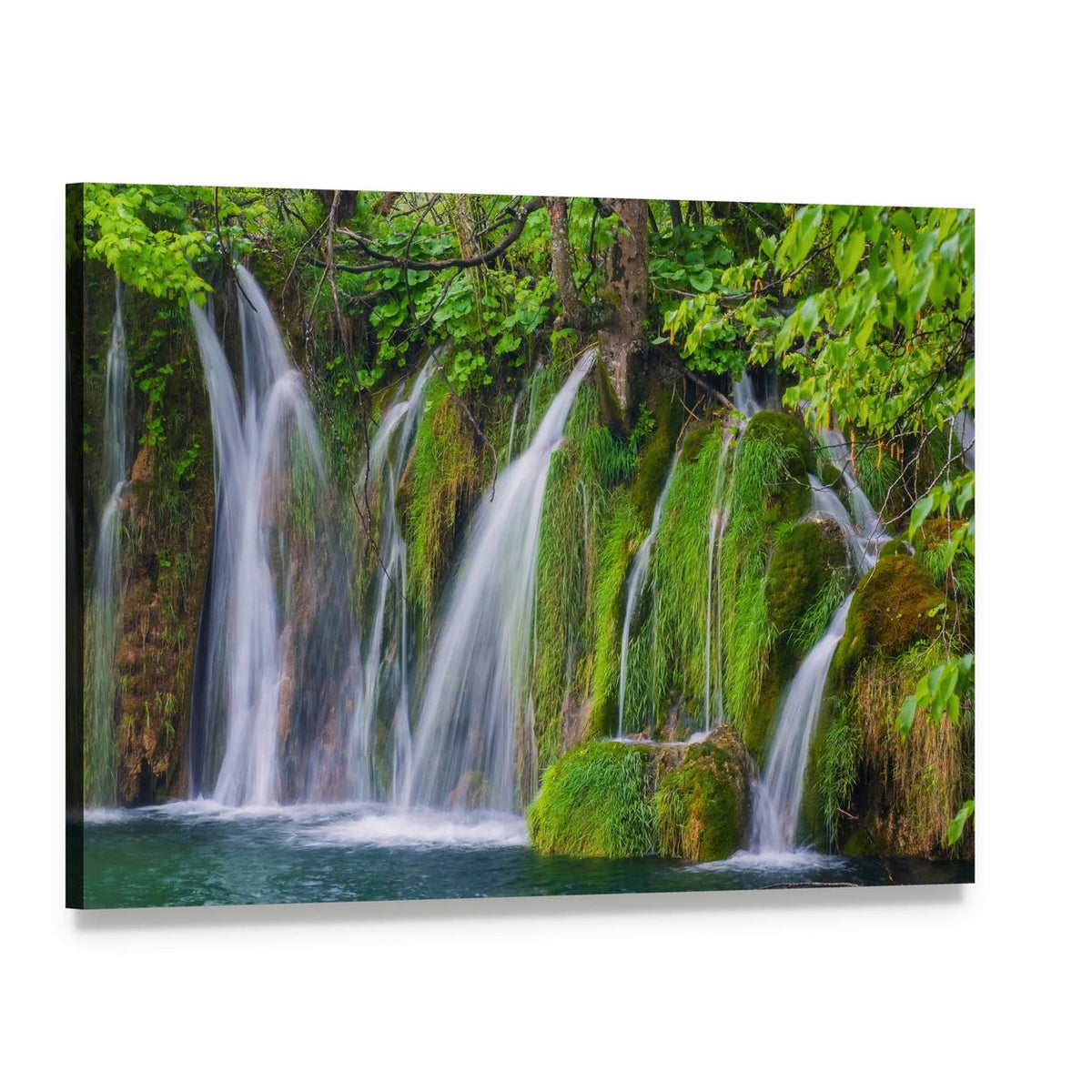 Forest Waterfall Over Mossy Rocks Canvas Wall Art, single panel gallery wrapped canvas, angled product view