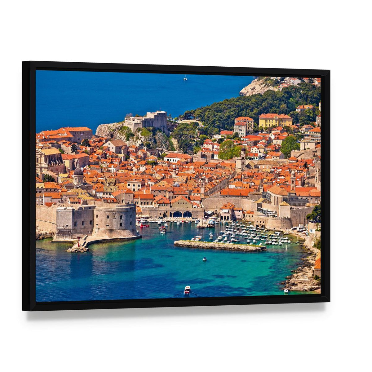 Dubrovnik Harbor View with Red-tiled Roofs Canvas Wall Art, framed canvas in a black floater frame, angled product view