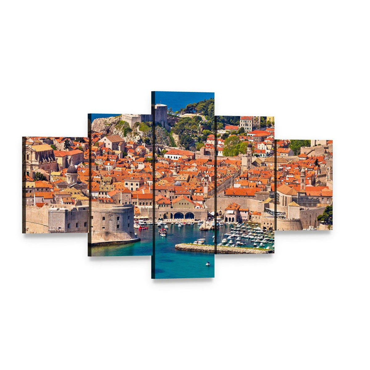 Dubrovnik Harbor View with Red-tiled Roofs Canvas Wall Art, 5 panel 5 Star layout gallery wrapped canvas set, angled product view