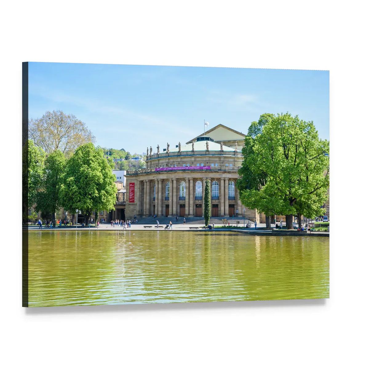 Stuttgart State Theatre and Eckensee Lake Canvas Wall Art, single panel gallery wrapped canvas, angled product view
