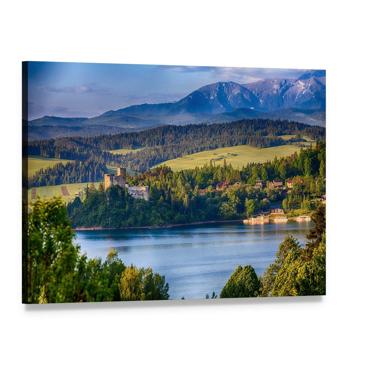 Castle on a Hill Above a Mountain Lake Canvas Wall Art, single panel gallery wrapped canvas, angled product view