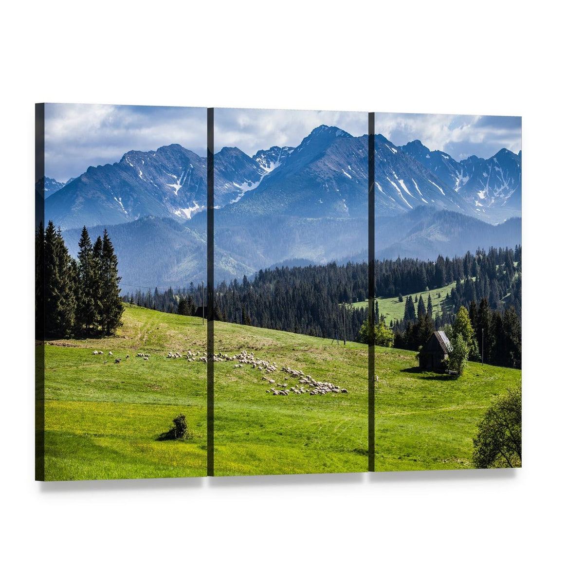 View of Tatra Mountains in Spring Canvas Wall Art, 3 panel 3 Horizontal layout gallery wrapped canvas set, angled product view