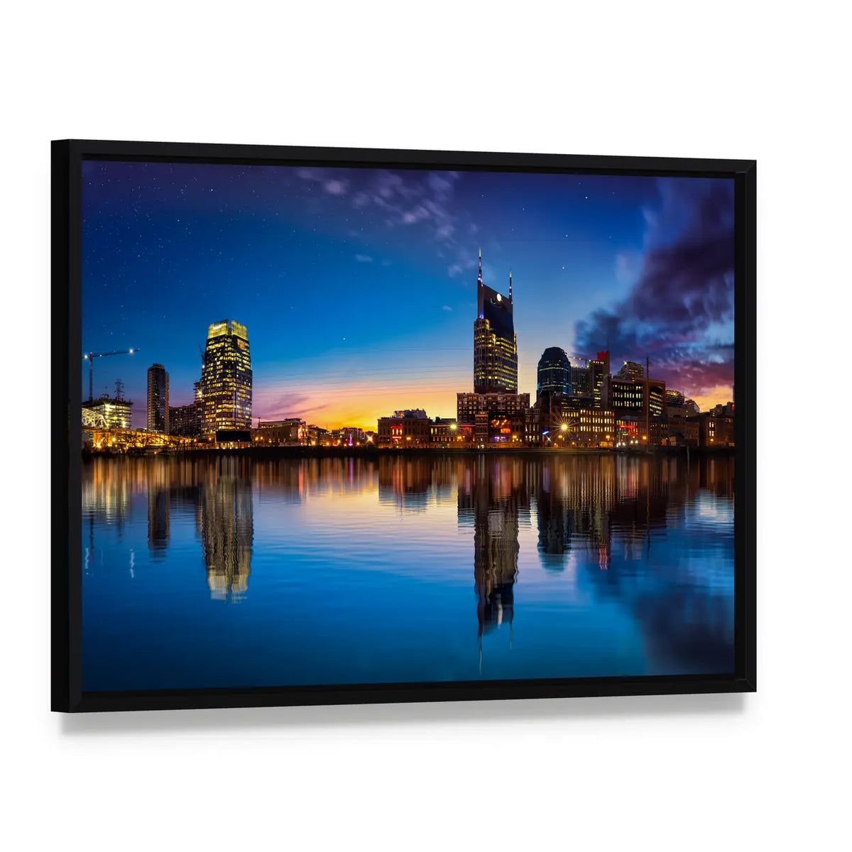 Jinji Lake Skyline at Dusk Canvas Wall Art, framed canvas in a black floater frame, angled product view