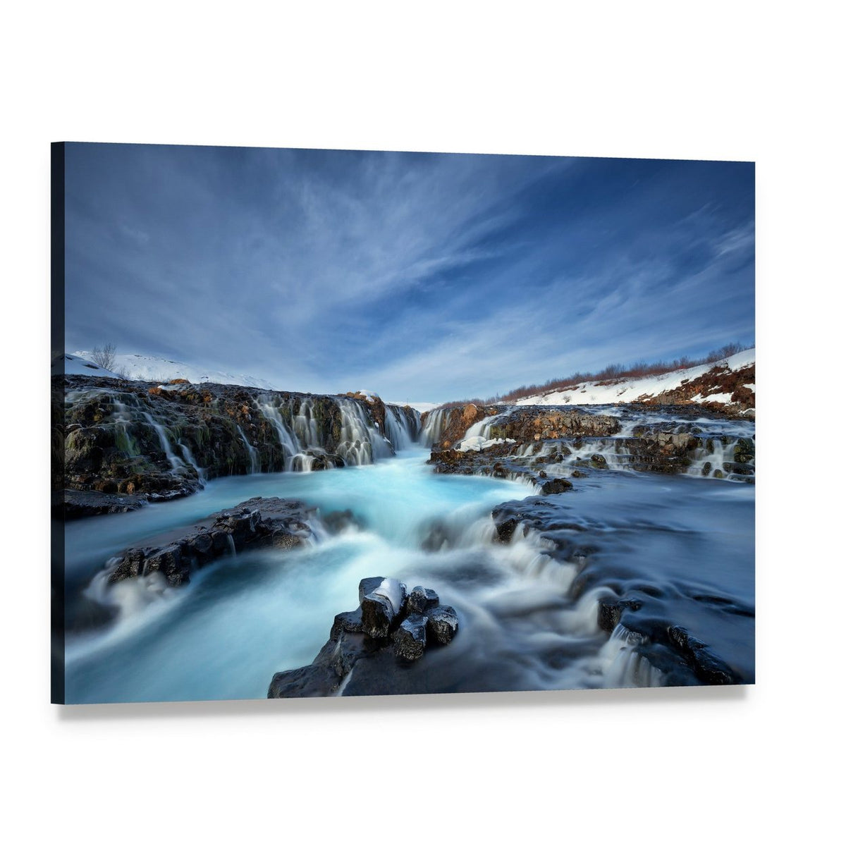 Winter Waterfall with Silky Blue Water Canvas Wall Art, single panel gallery wrapped canvas, angled product view