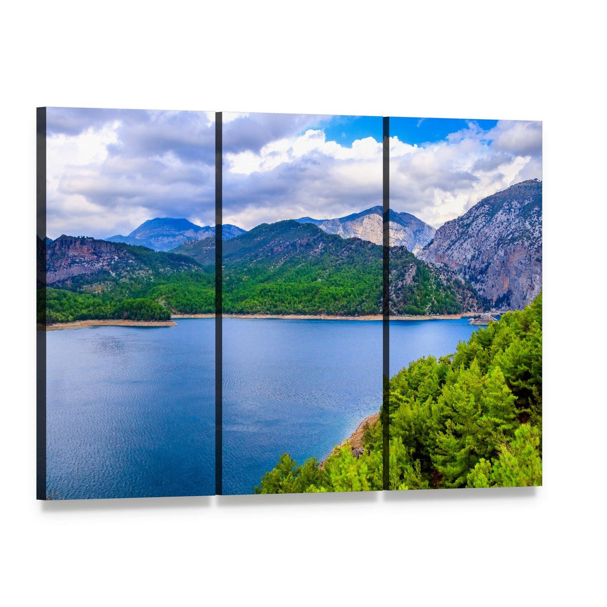 Green Canyon with Reflective Lake Canvas Wall Art, 3 panel 3 Horizontal layout gallery wrapped canvas set, angled product view
