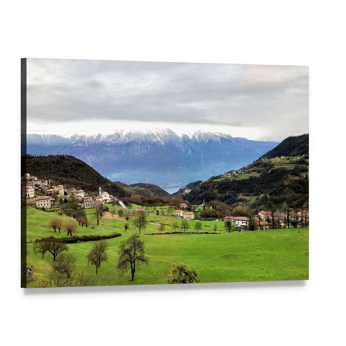 South Tyrol Village Among Snow-capped Mountains Canvas Wall Art, single panel gallery wrapped canvas, angled product view