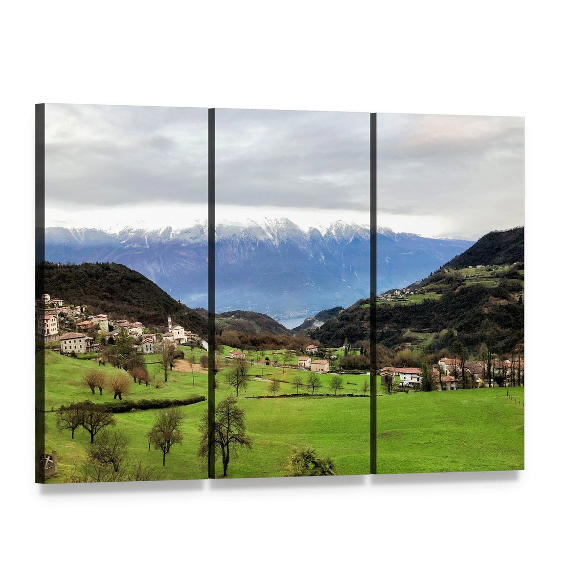 South Tyrol Village Among Snow-capped Mountains Canvas Wall Art, 3 panel 3 Horizontal layout gallery wrapped canvas set, angled product view