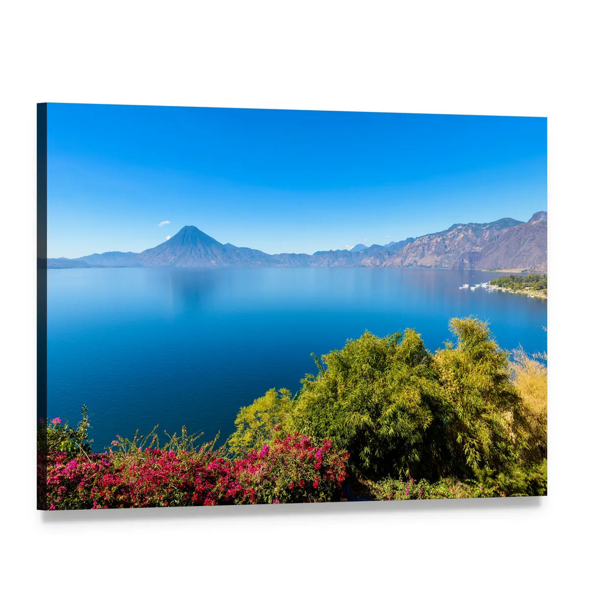 Clear Blue Lake with Volcanoes Canvas Wall Art, single panel gallery wrapped canvas, angled product view