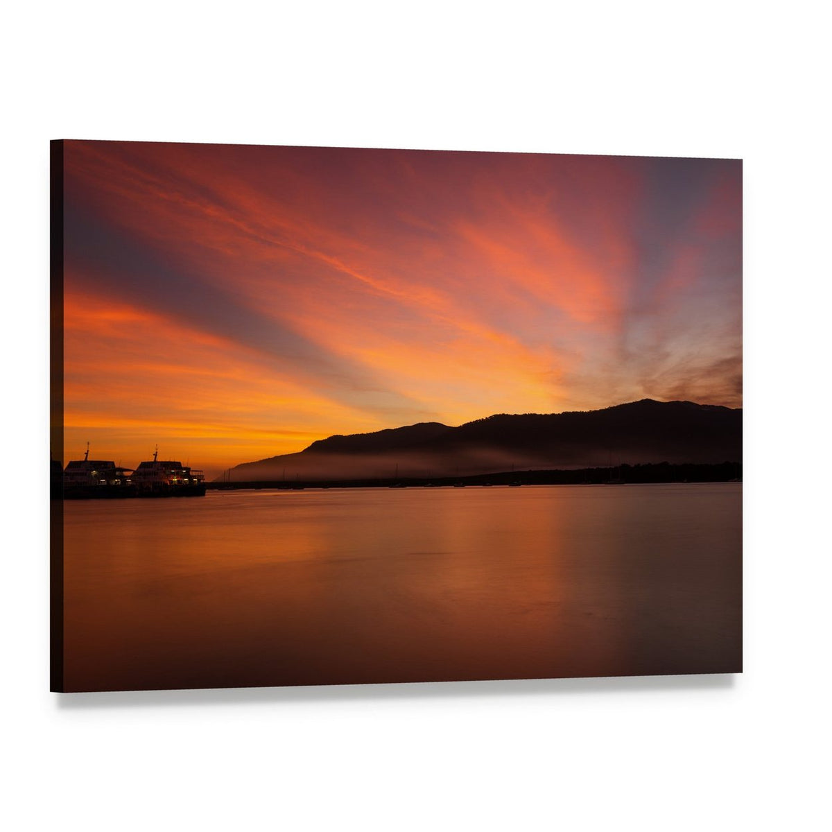 Coastal Sunset with Boat and Mountains Canvas Wall Art, single panel gallery wrapped canvas, angled product view