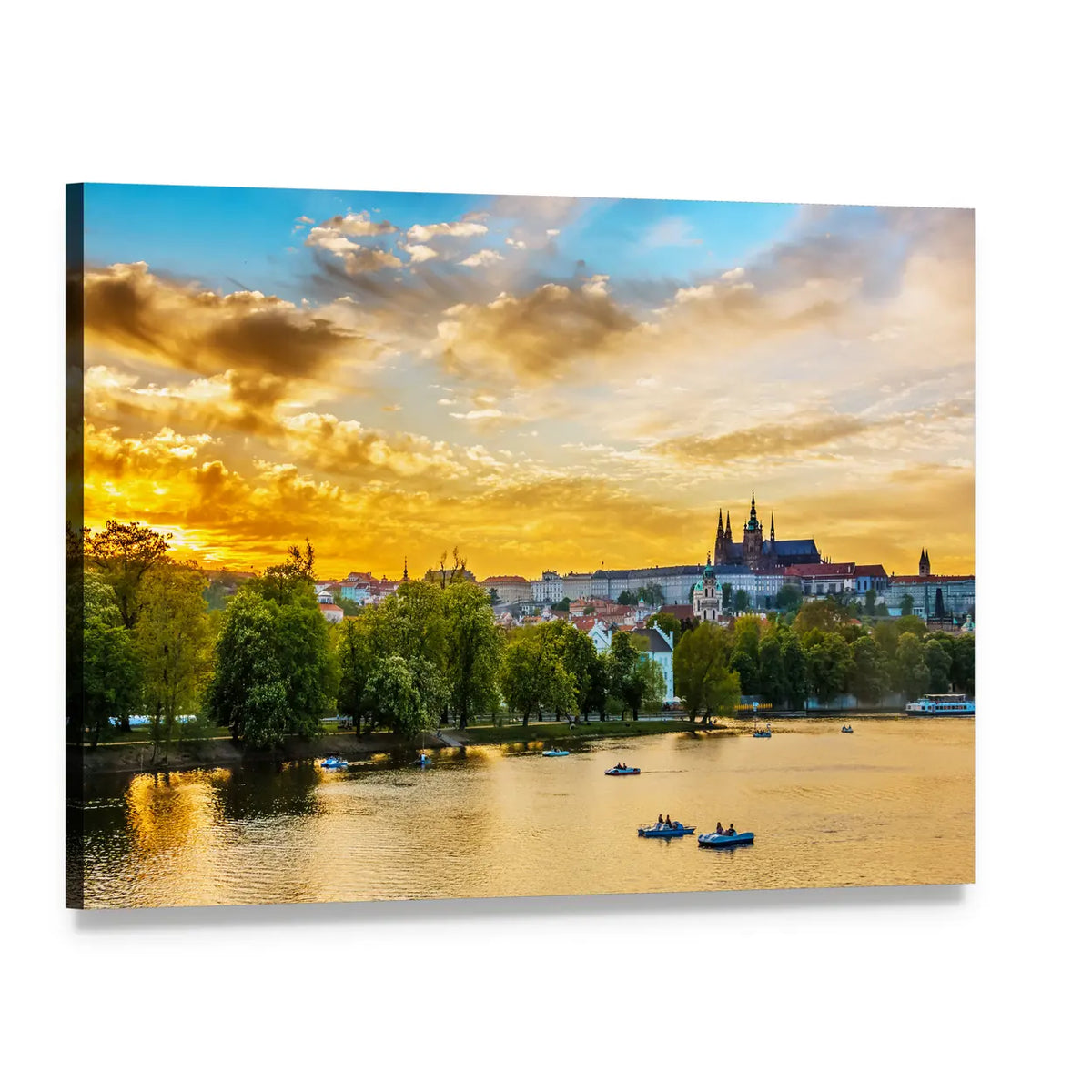 Vltava River at Sunset with Rowboats Canvas Wall Art, single panel gallery wrapped canvas, angled product view