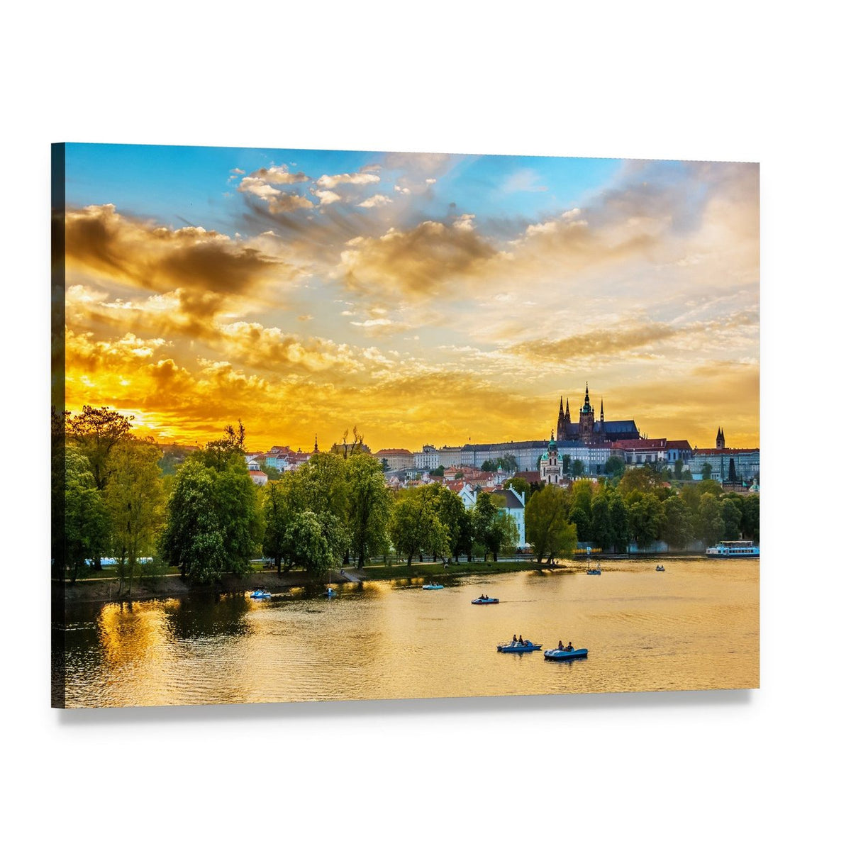 Vltava River Sunset with Prague Castle and Boats Canvas Wall Art, single panel gallery wrapped canvas, angled product view