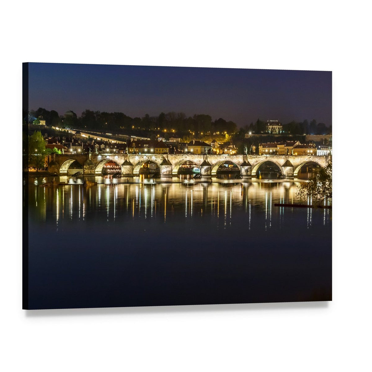 Charles Bridge at Night Canvas Wall Art, single panel gallery wrapped canvas, angled product view
