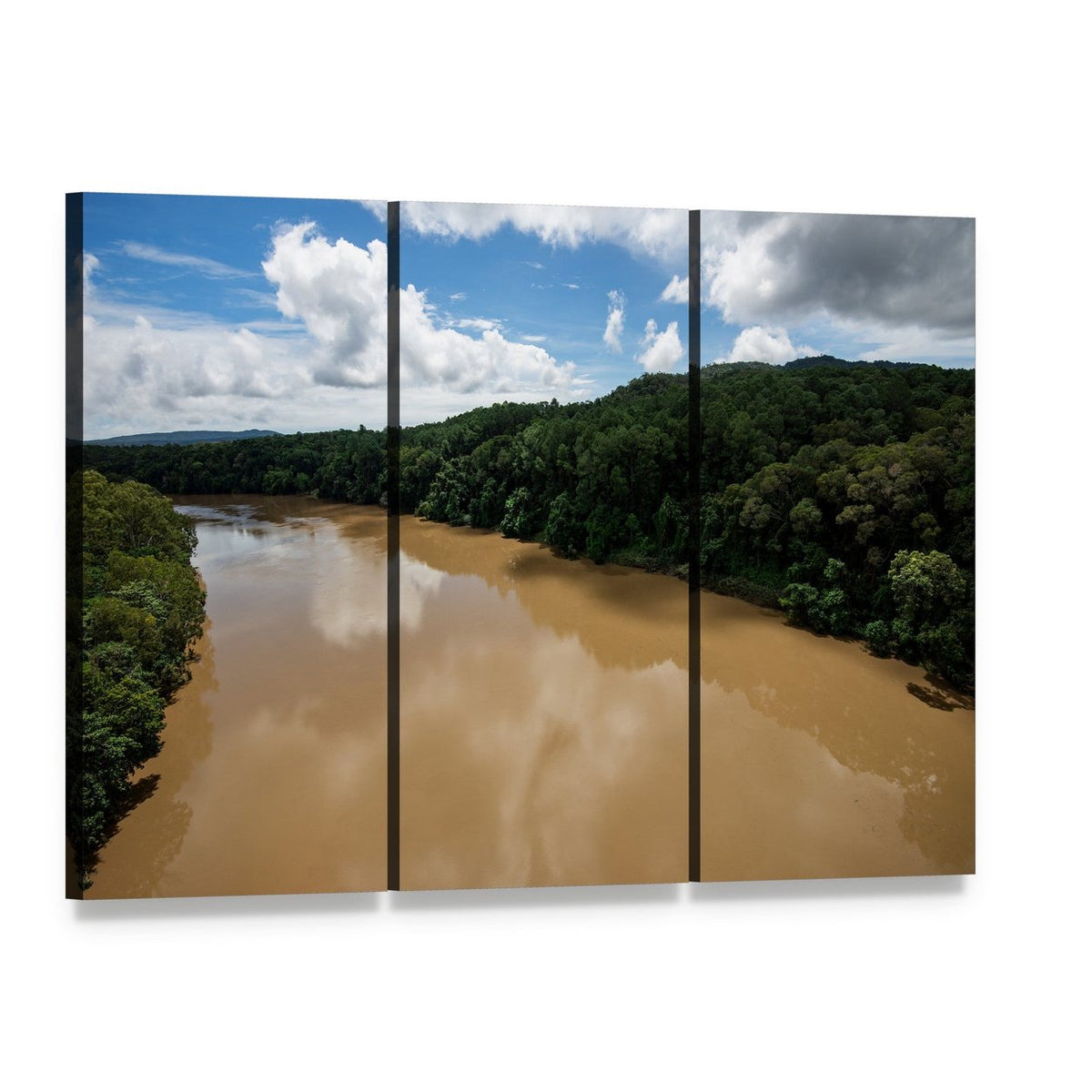 Kuranda Tropical Rainforest River View Canvas Wall Art, 3 panel 3 Horizontal layout gallery wrapped canvas set, angled product view