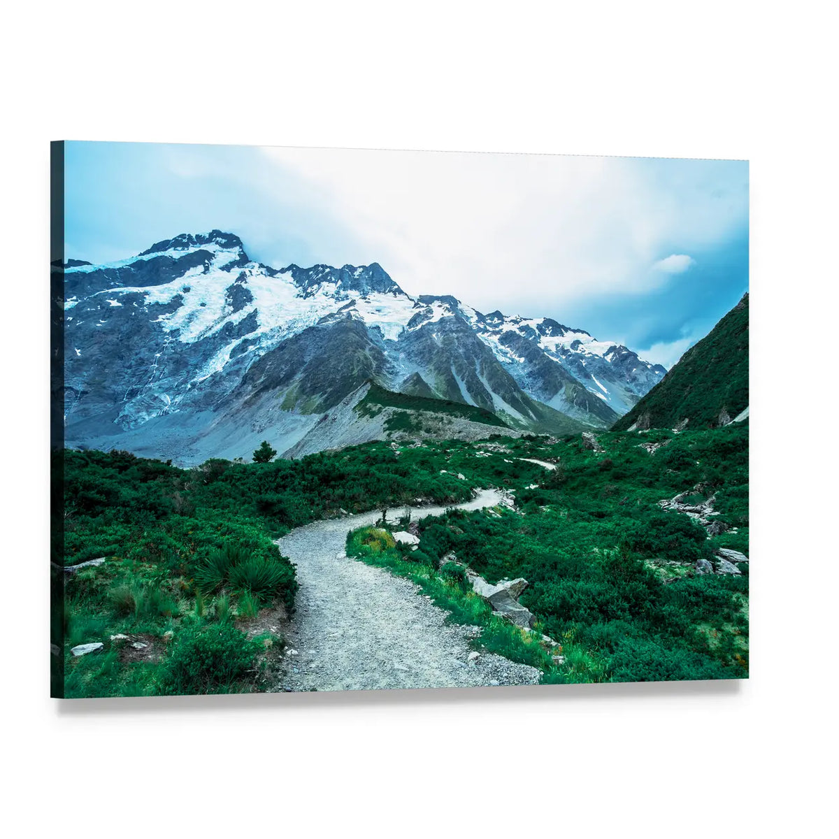 Snow-capped Peaks with Winding Trail and Stream Canvas Wall Art, single panel gallery wrapped canvas, angled product view