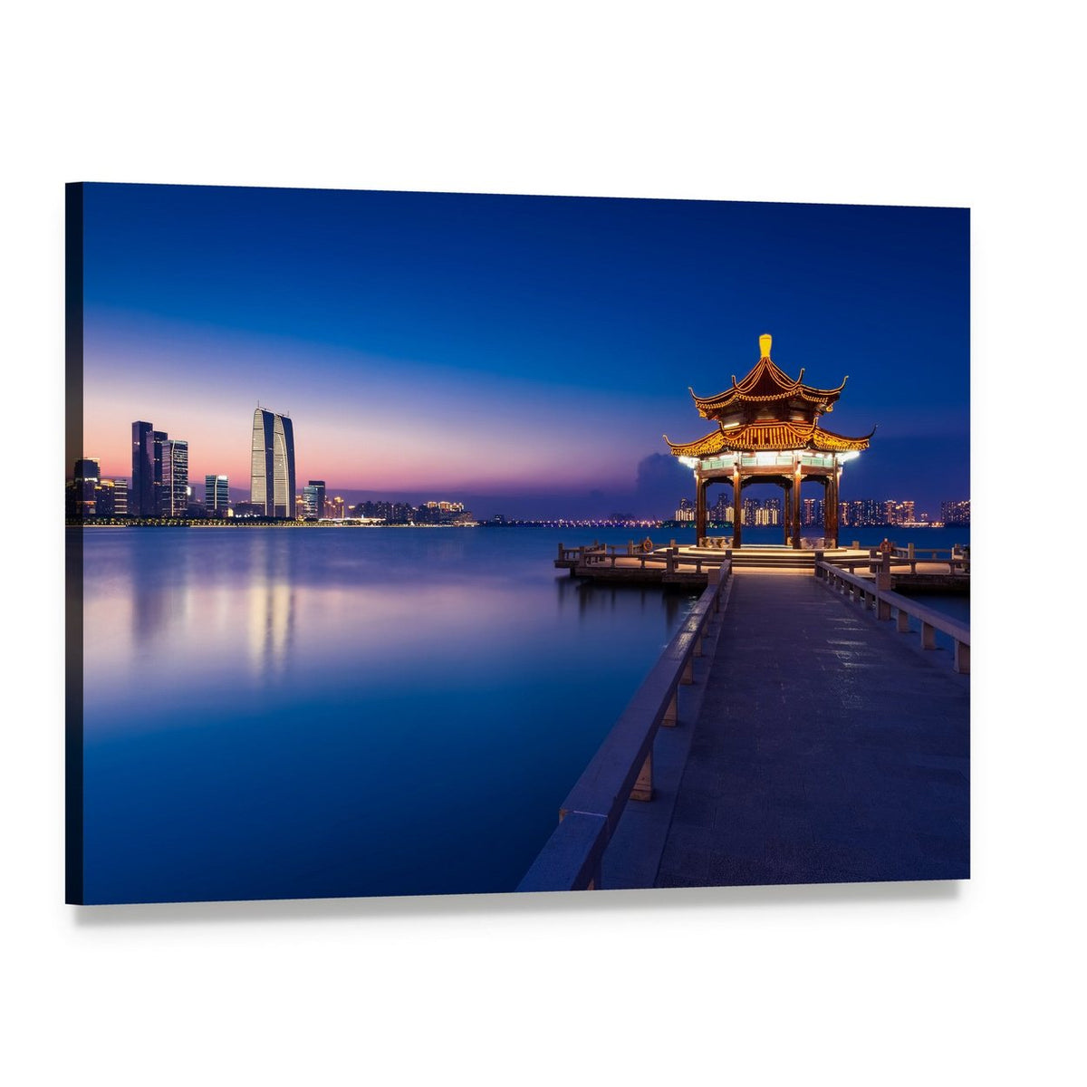Illuminated Pagoda and City Skyline at Twilight Canvas Wall Art, single panel gallery wrapped canvas, angled product view
