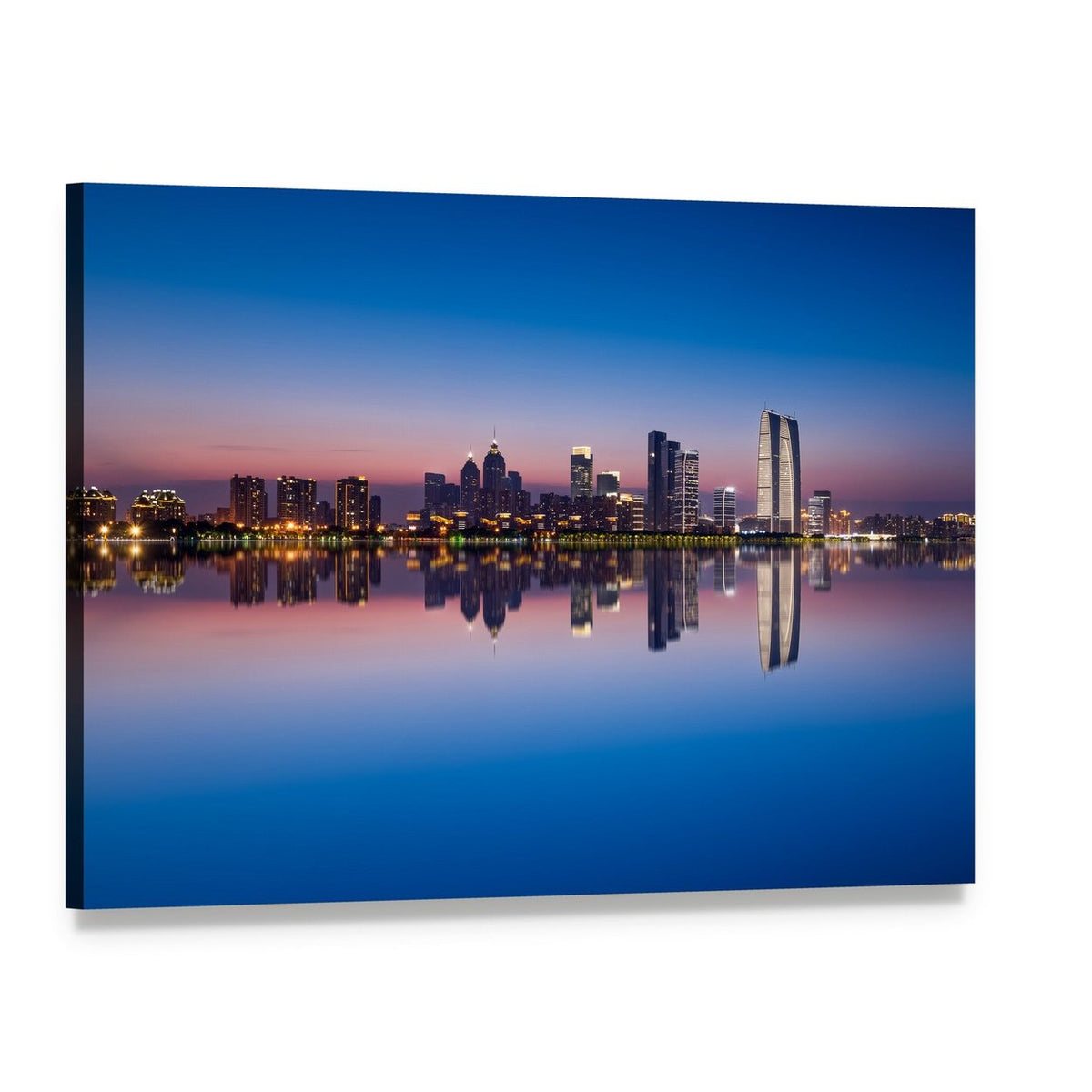 Jinji Lake Skyline at Dusk Canvas Wall Art, single panel gallery wrapped canvas, angled product view