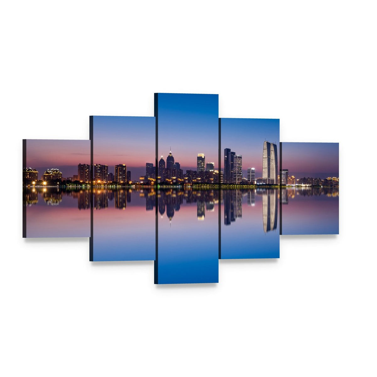 Jinji Lake Skyline at Dusk Canvas Wall Art, 5 panel 5 Star layout gallery wrapped canvas set, angled product view
