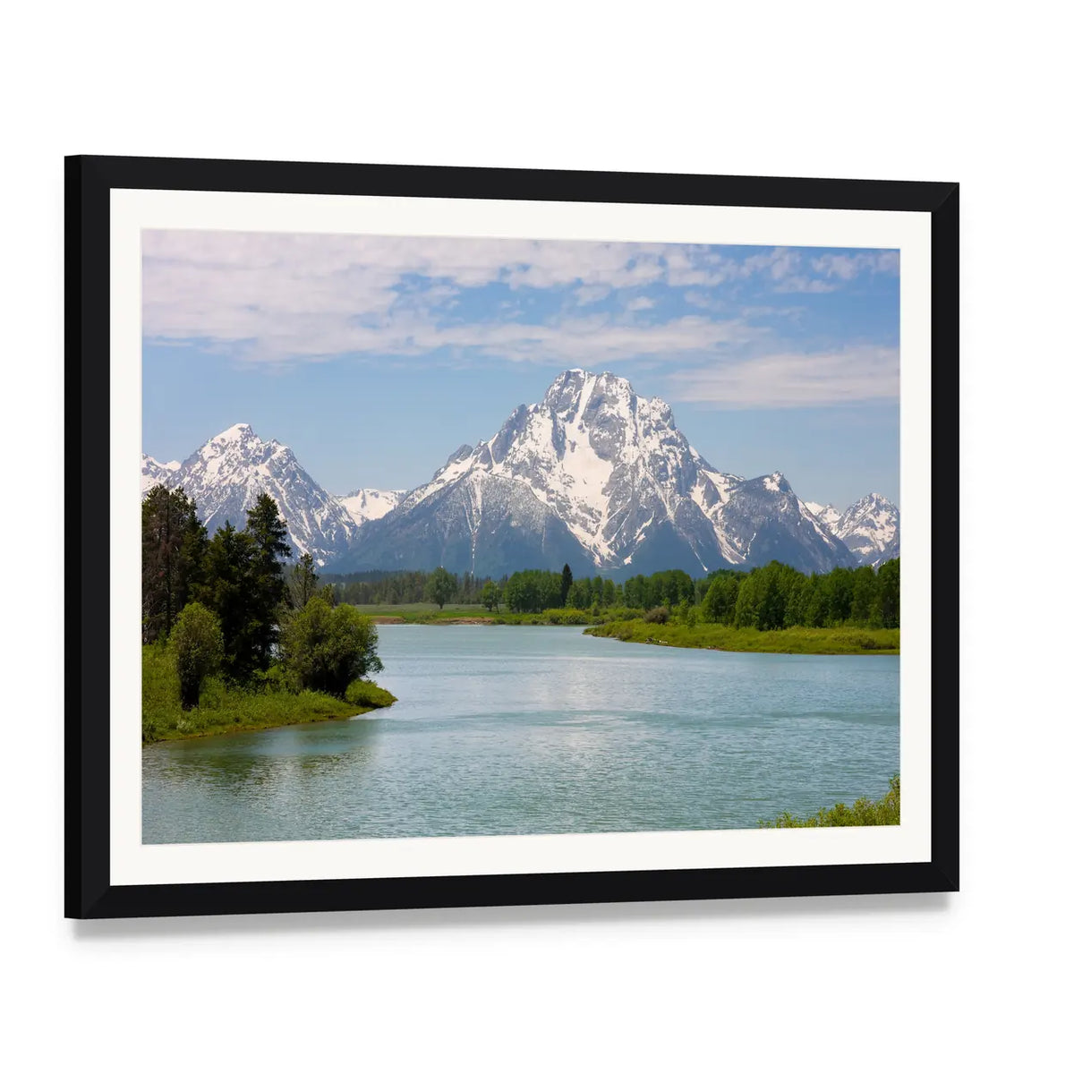 Mt Moran from Lake Canvas Wall Art, framed print with white mat and black frame, angled product view