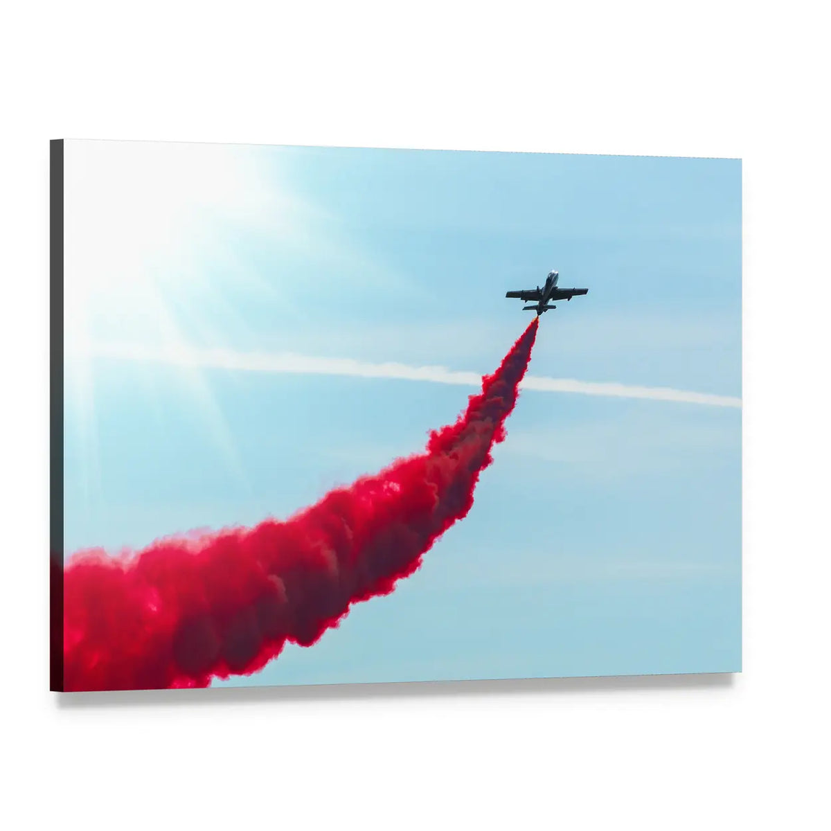 Airplane Silhouette with Red Smoke Trail Canvas Wall Art, single panel gallery wrapped canvas, angled product view