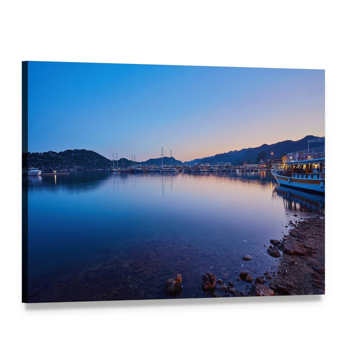 Harbor at Dusk with Docked Boats Canvas Wall Art, single panel gallery wrapped canvas, angled product view