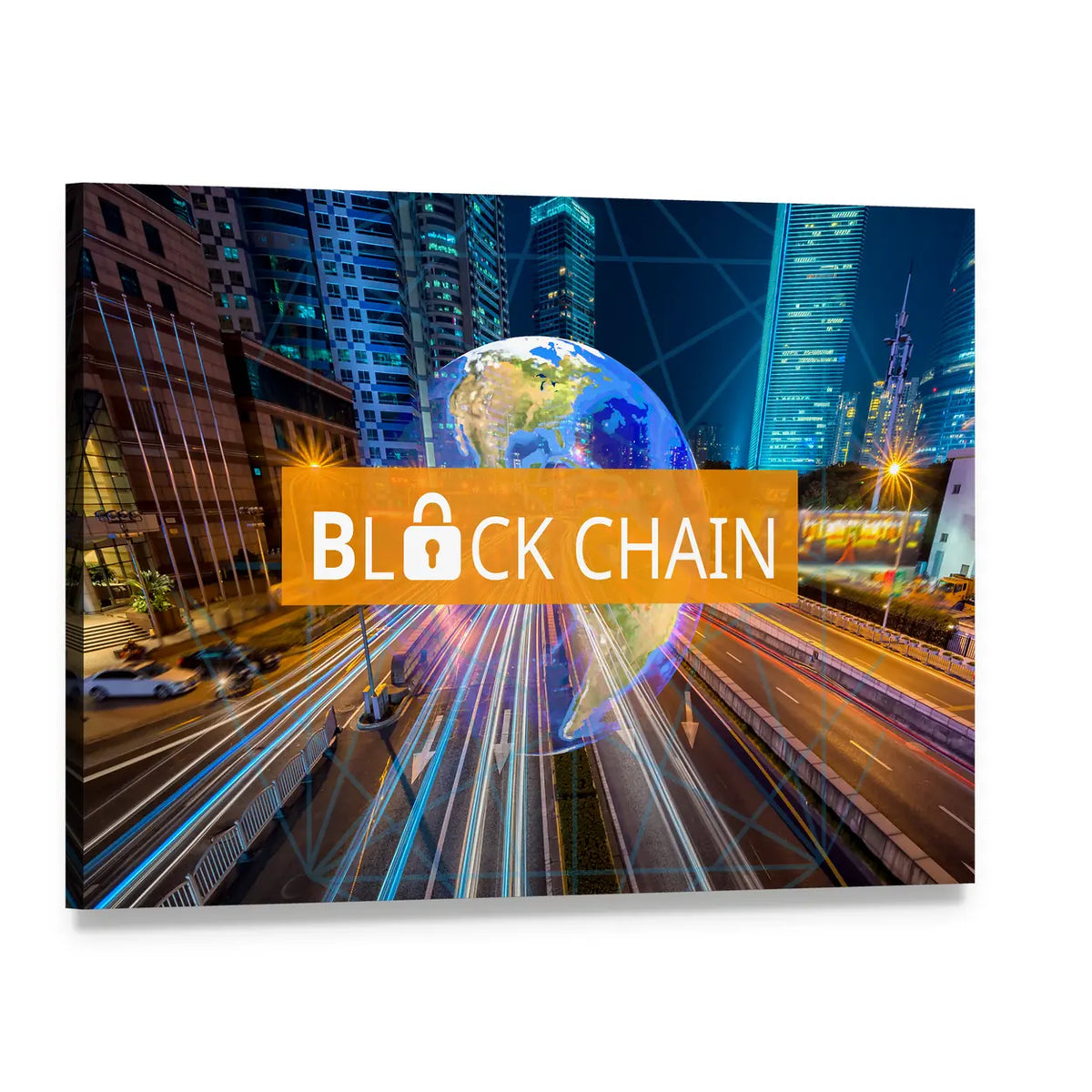 Blockchain Cityscape with Earth Globe Canvas Wall Art, single panel gallery wrapped canvas, angled product view