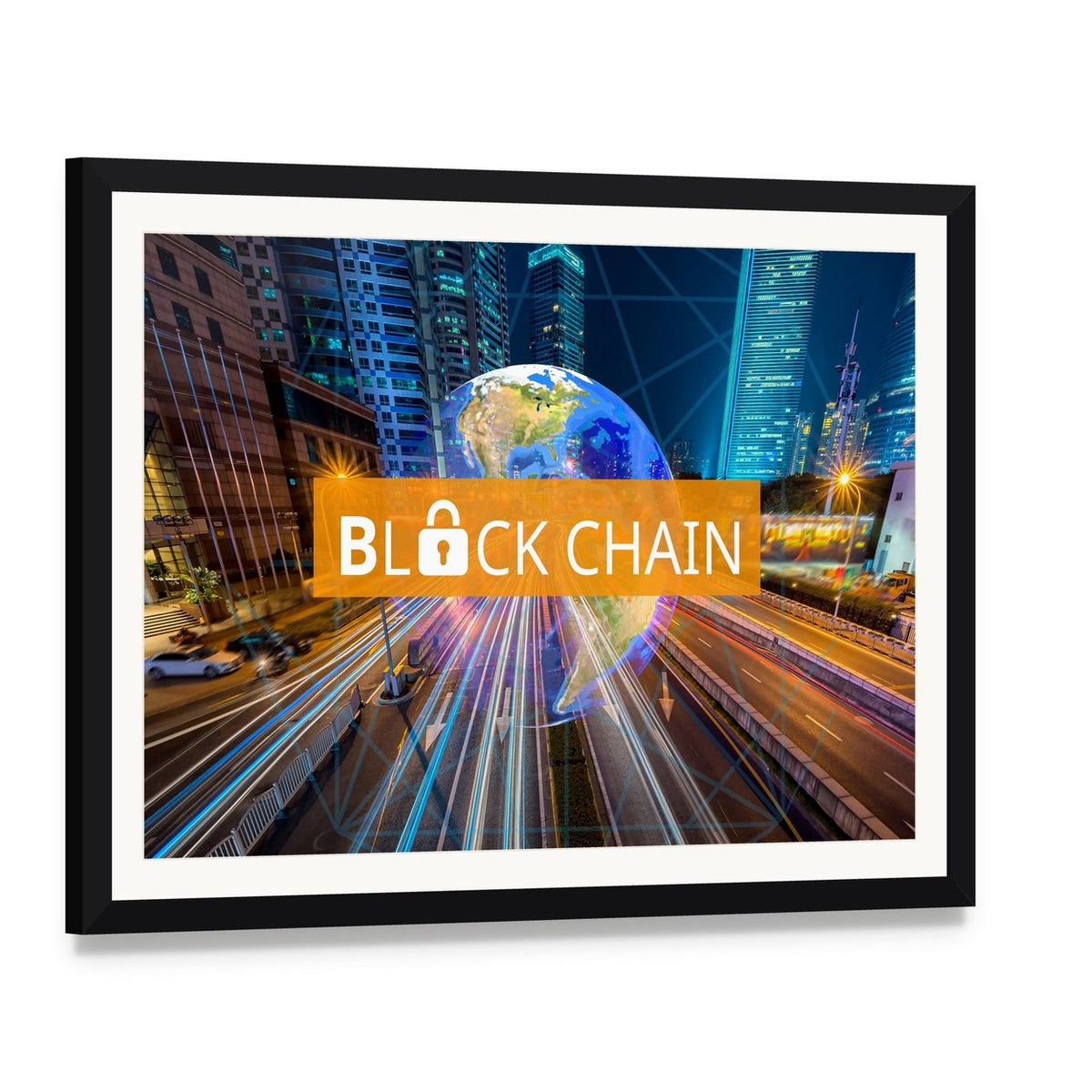 Blockchain Globe Above Night Highway Canvas Wall Art, framed print with white mat and black frame, angled product view