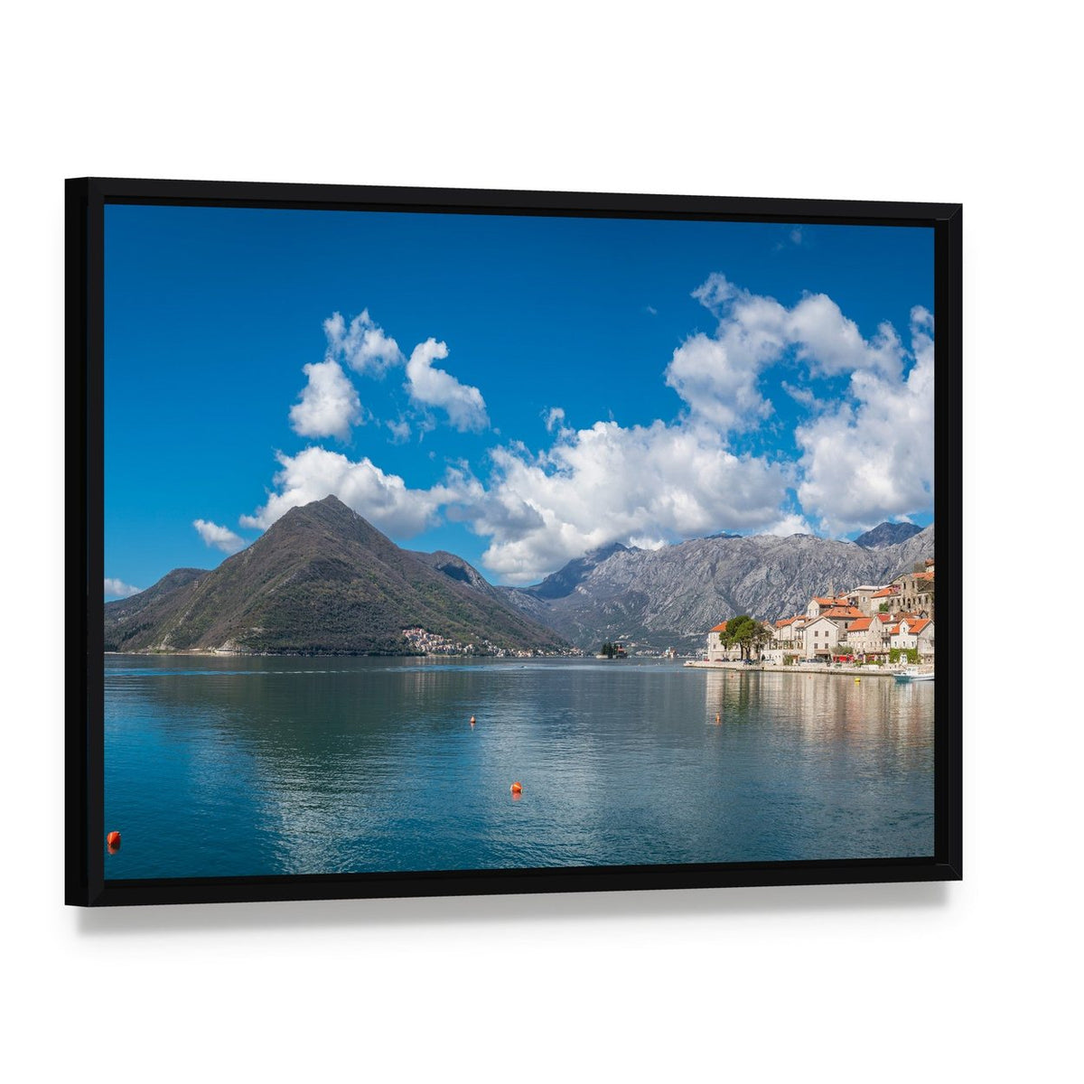 Perast Town in Kotor Bay Canvas Wall Art, framed canvas in a black floater frame, angled product view
