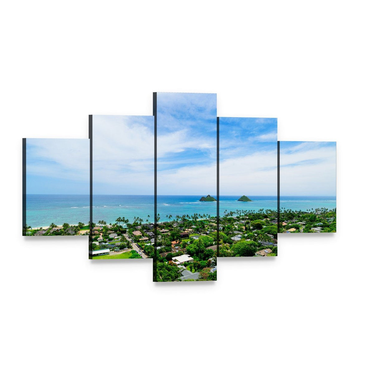Lanikai Beach Overlooking Islands Canvas Wall Art, 5 panel 5 Star layout gallery wrapped canvas set, angled product view