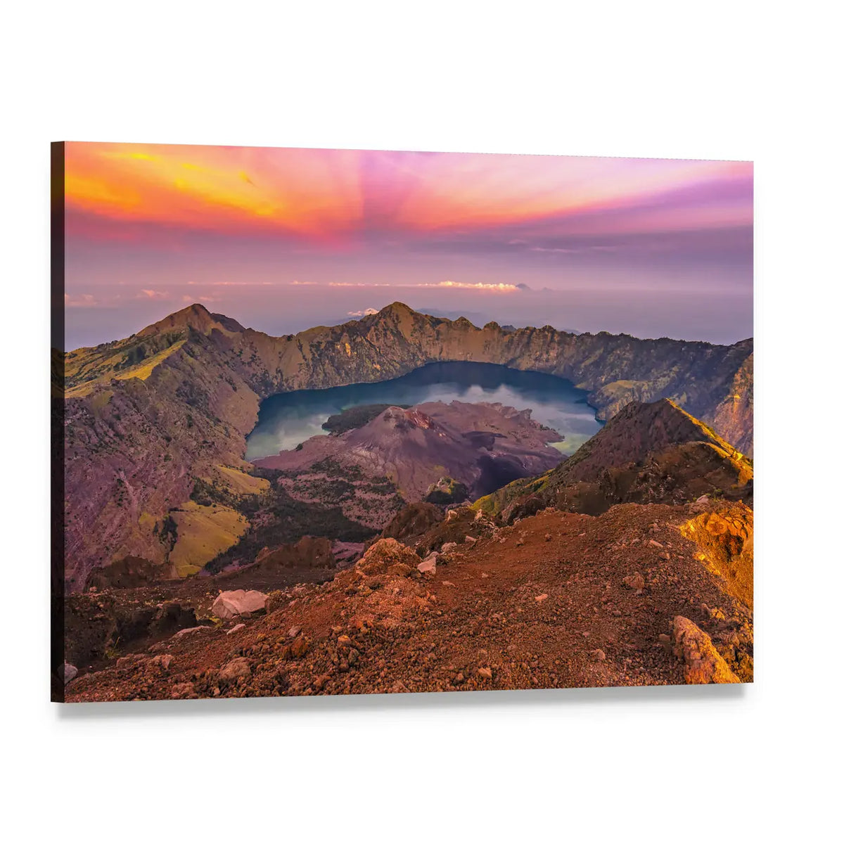 Rinjani Crater Lake at Sunset Canvas Wall Art, single panel gallery wrapped canvas, angled product view