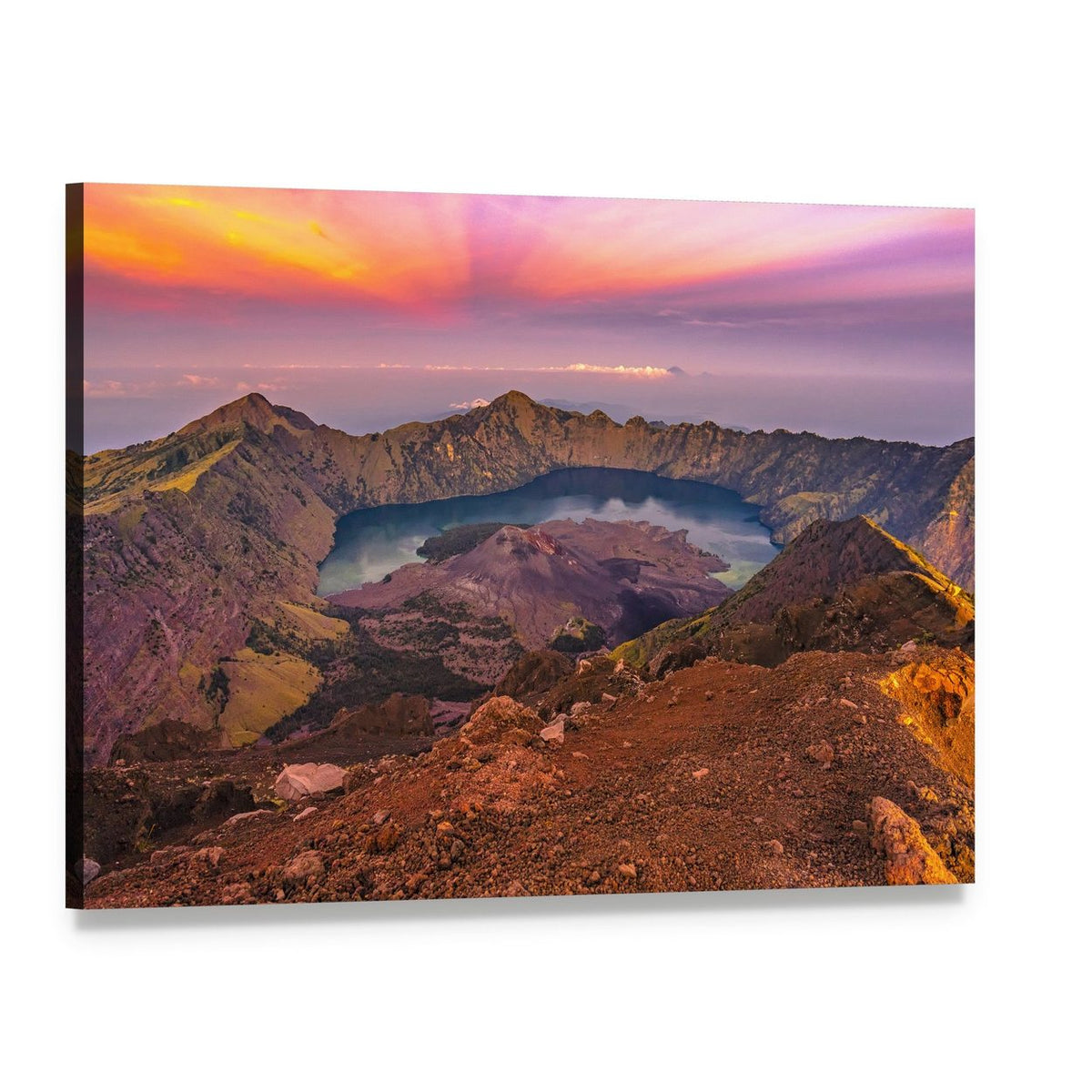 Rinjani Crater Lake at Sunset Canvas Wall Art, single panel gallery wrapped canvas, angled product view