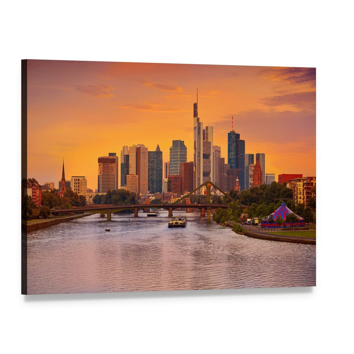 Frankfurt Skyline with Meno River Canvas Wall Art, single panel gallery wrapped canvas, angled product view