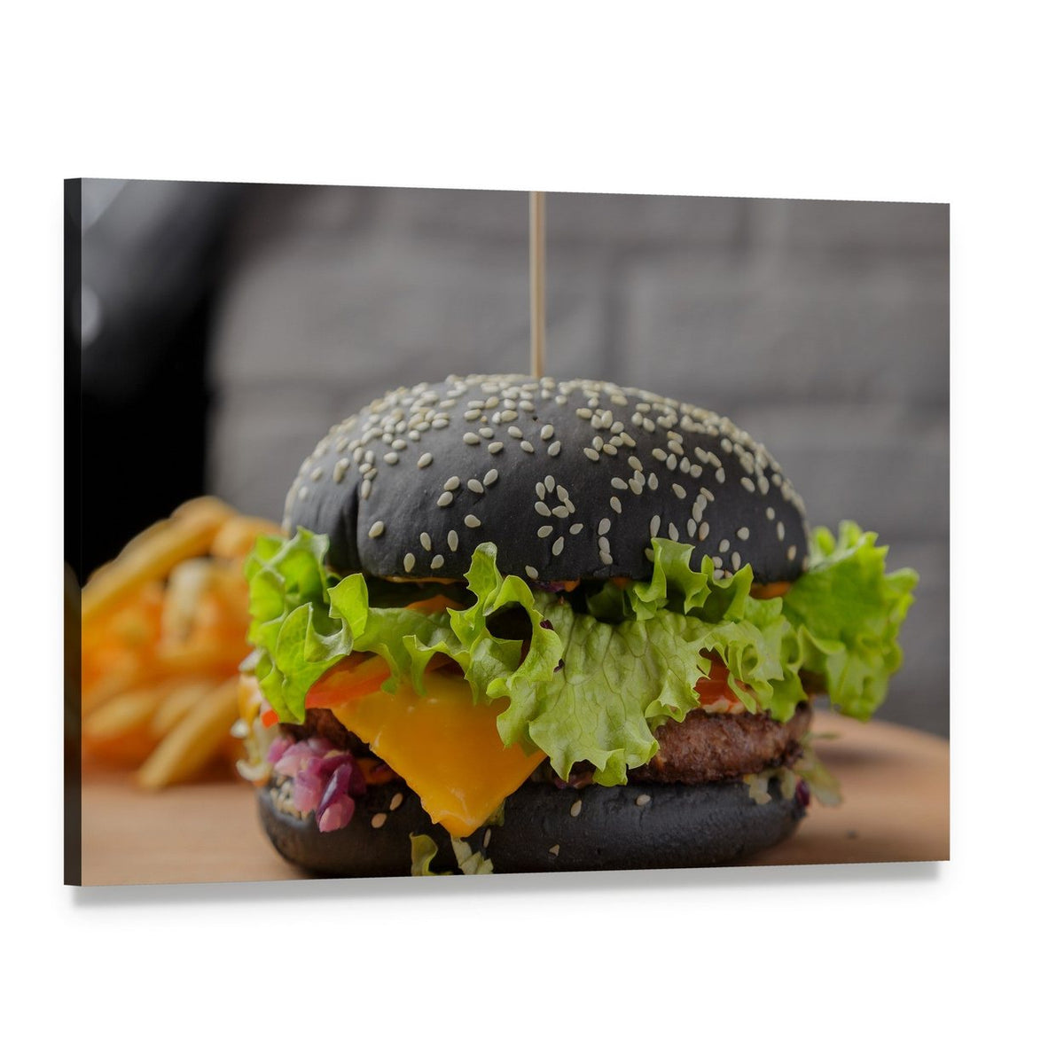 Black Sesame Burger with Fries Canvas Wall Art, single panel gallery wrapped canvas, angled product view