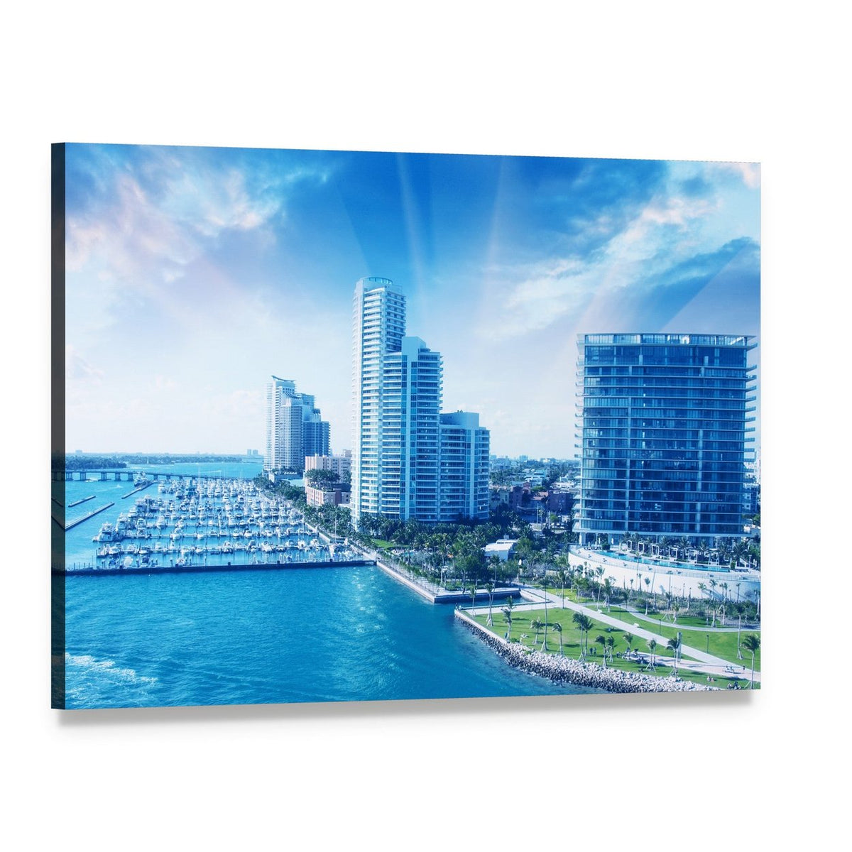 Miami Waterfront Marina Cityscape Canvas Wall Art, single panel gallery wrapped canvas, angled product view