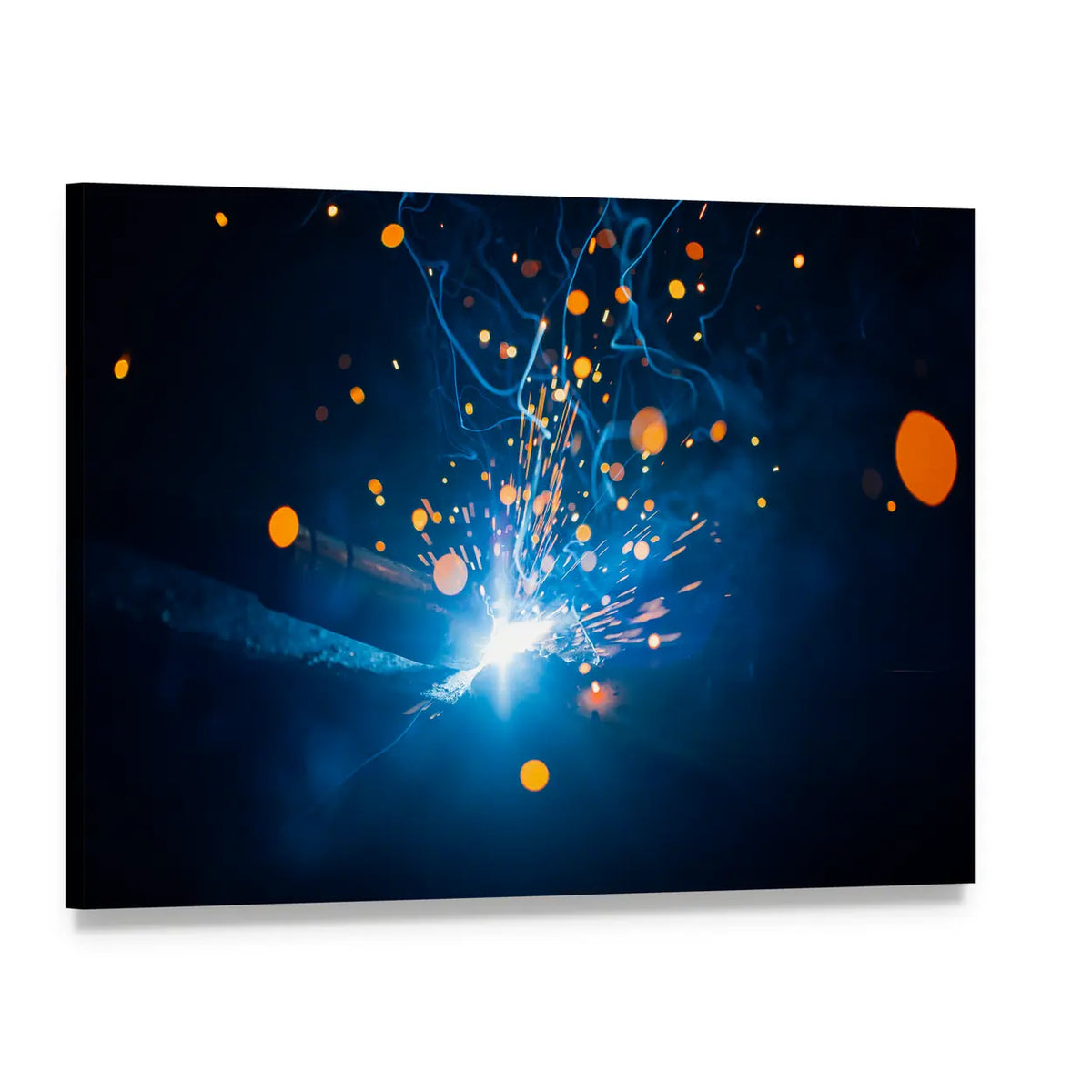 Welding Arc with Blue Smoke and Sparks Canvas Wall Art, single panel gallery wrapped canvas, angled product view