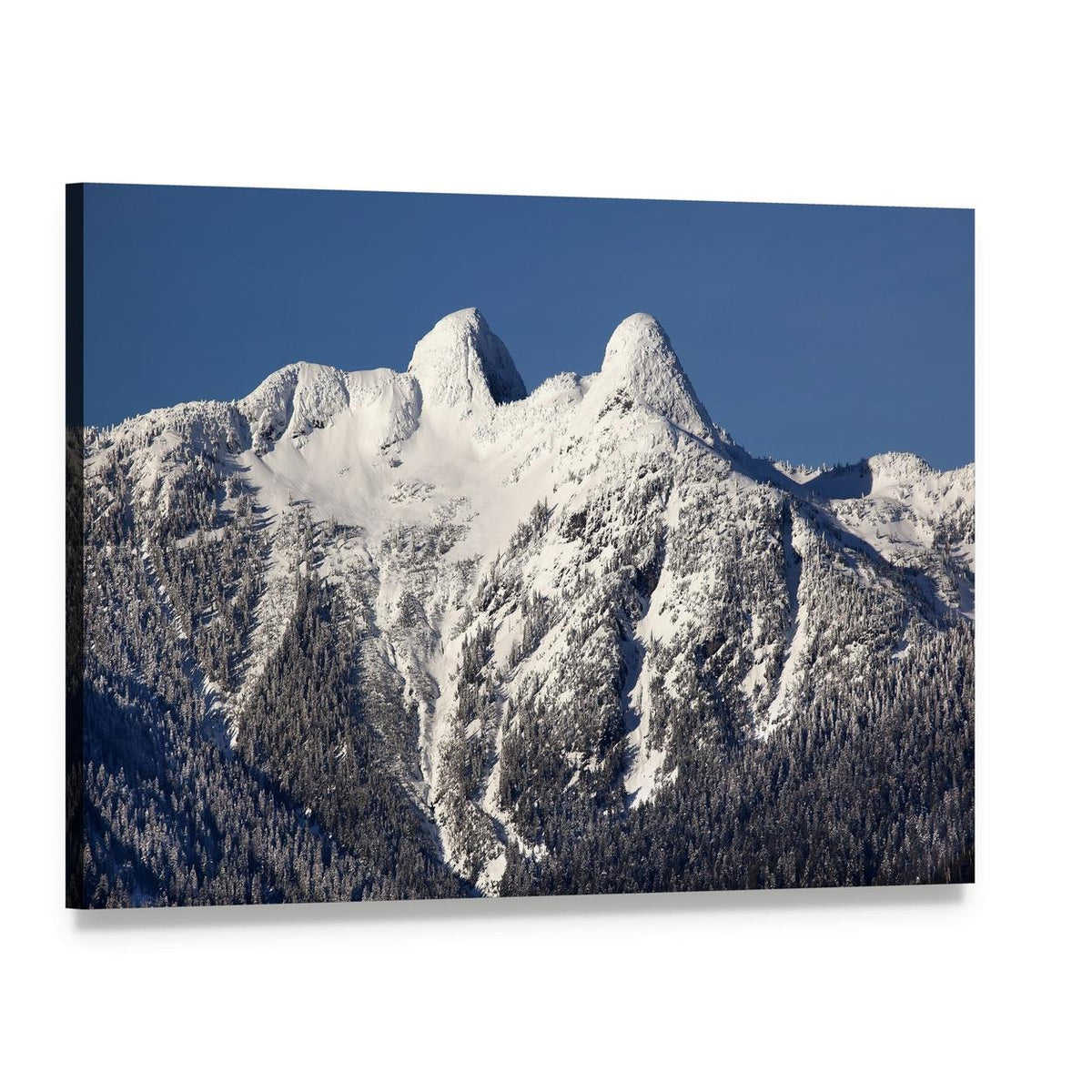 Snowy Mountain Landscape with Two Peaks Canvas Wall Art, single panel gallery wrapped canvas, angled product view