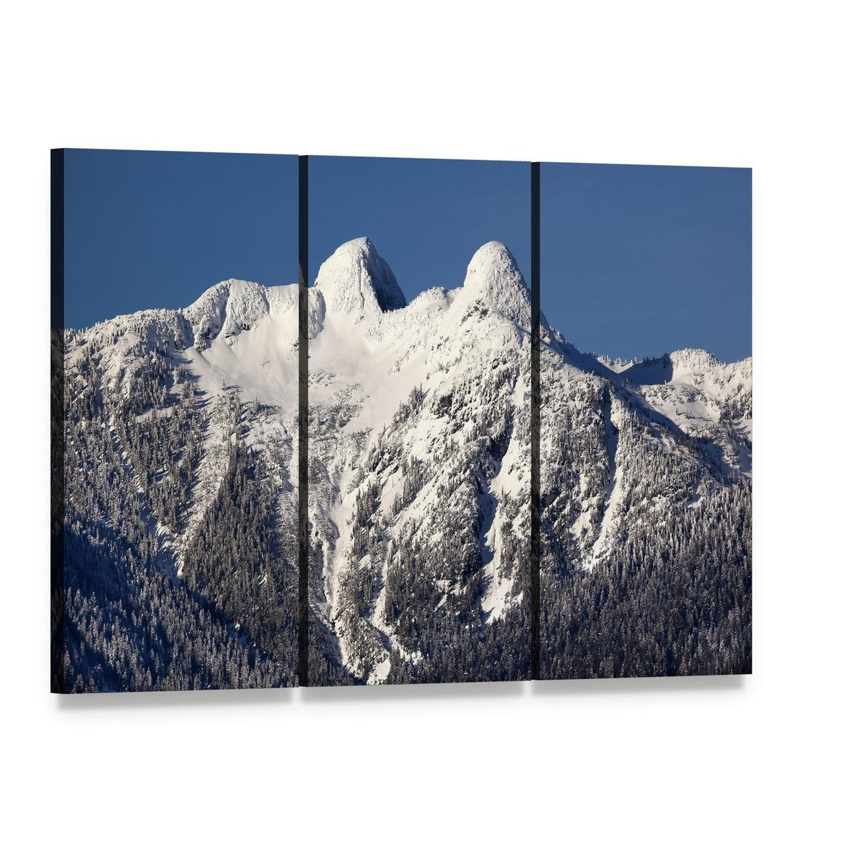 Snowy Mountain Landscape with Two Peaks Canvas Wall Art, 3 panel 3 Horizontal layout gallery wrapped canvas set, angled product view