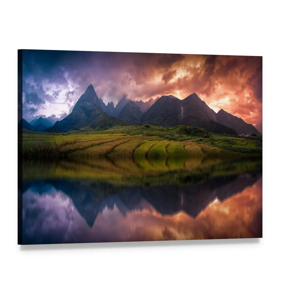 Terraced Rice Fields and Reflective Mountain Lake Canvas Wall Art, single panel gallery wrapped canvas, angled product view