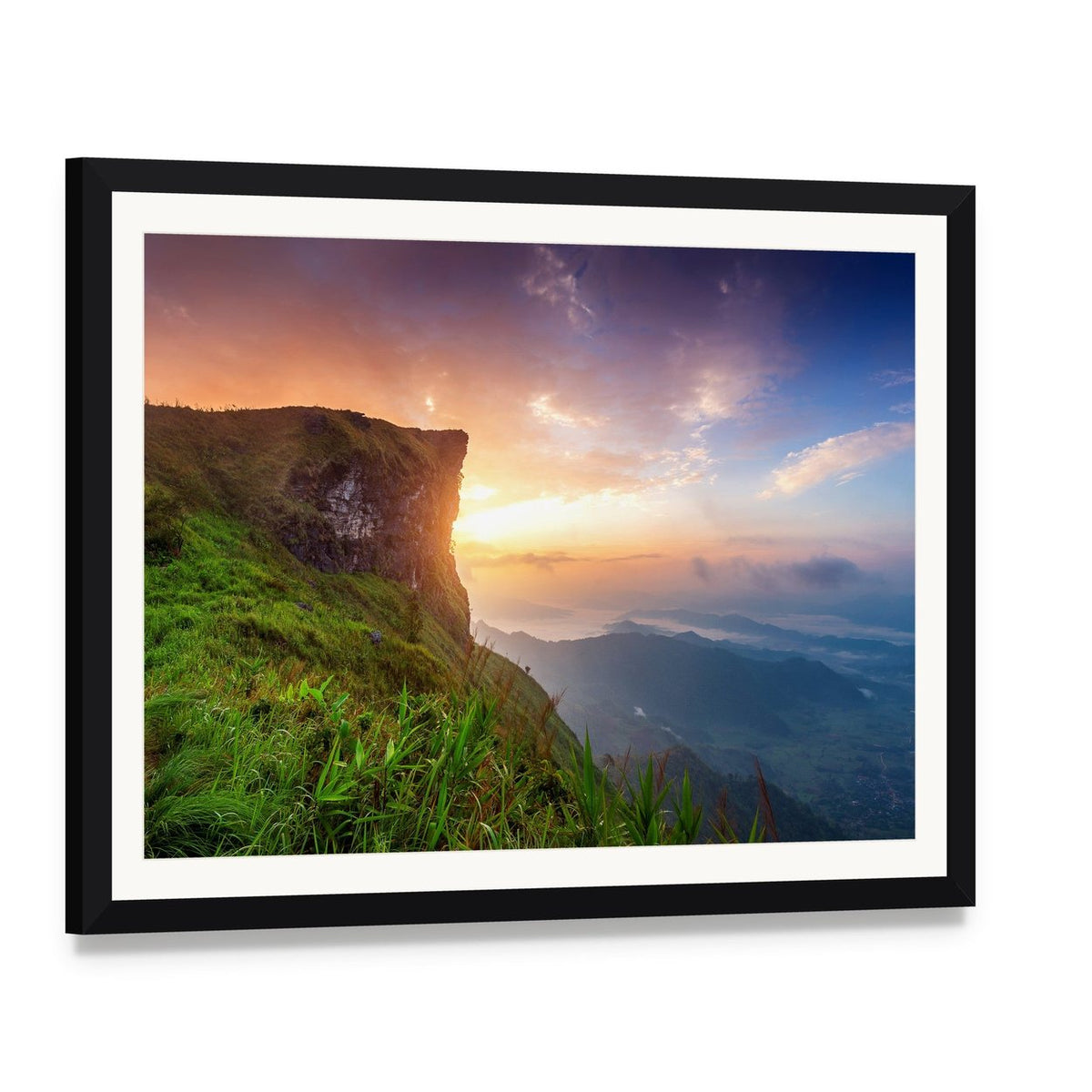 Phu Chi Fa Sunrise Cliff View Canvas Wall Art, framed print with white mat and black frame, angled product view