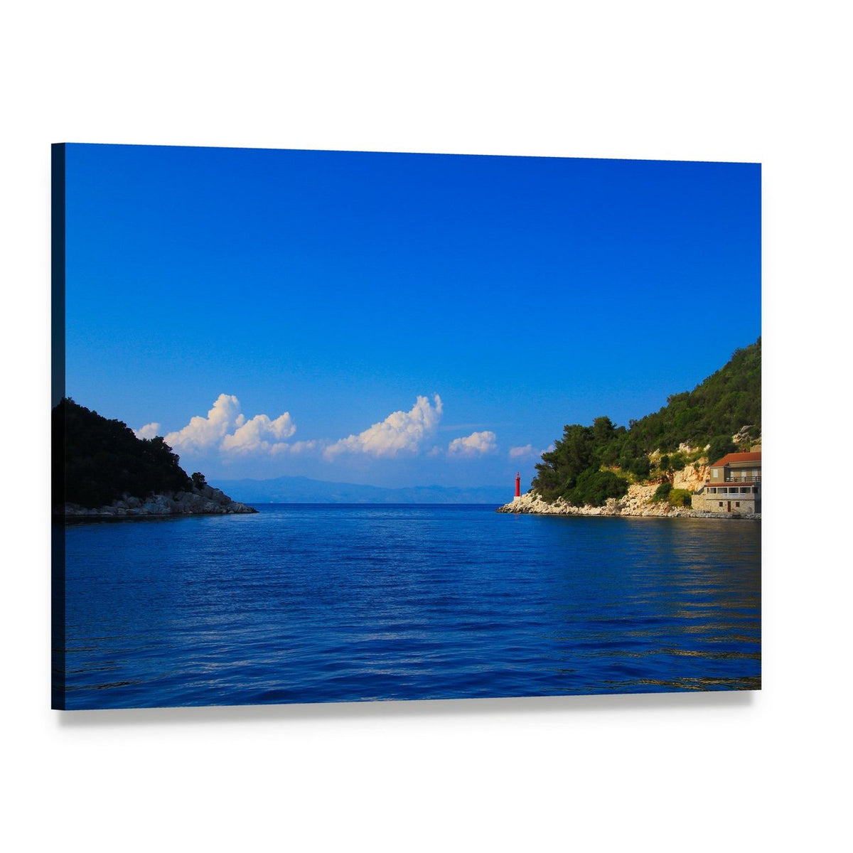 Croatian Lake with Red Lighthouse Canvas Wall Art, single panel gallery wrapped canvas, angled product view