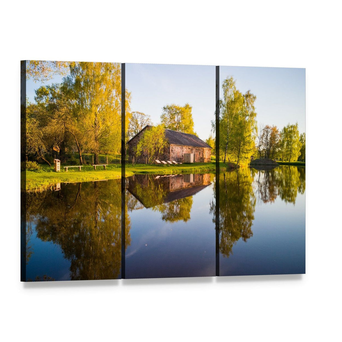 Brick Barn and Tree Reflection on Lake Canvas Wall Art, 3 panel 3 Horizontal layout gallery wrapped canvas set, angled product view