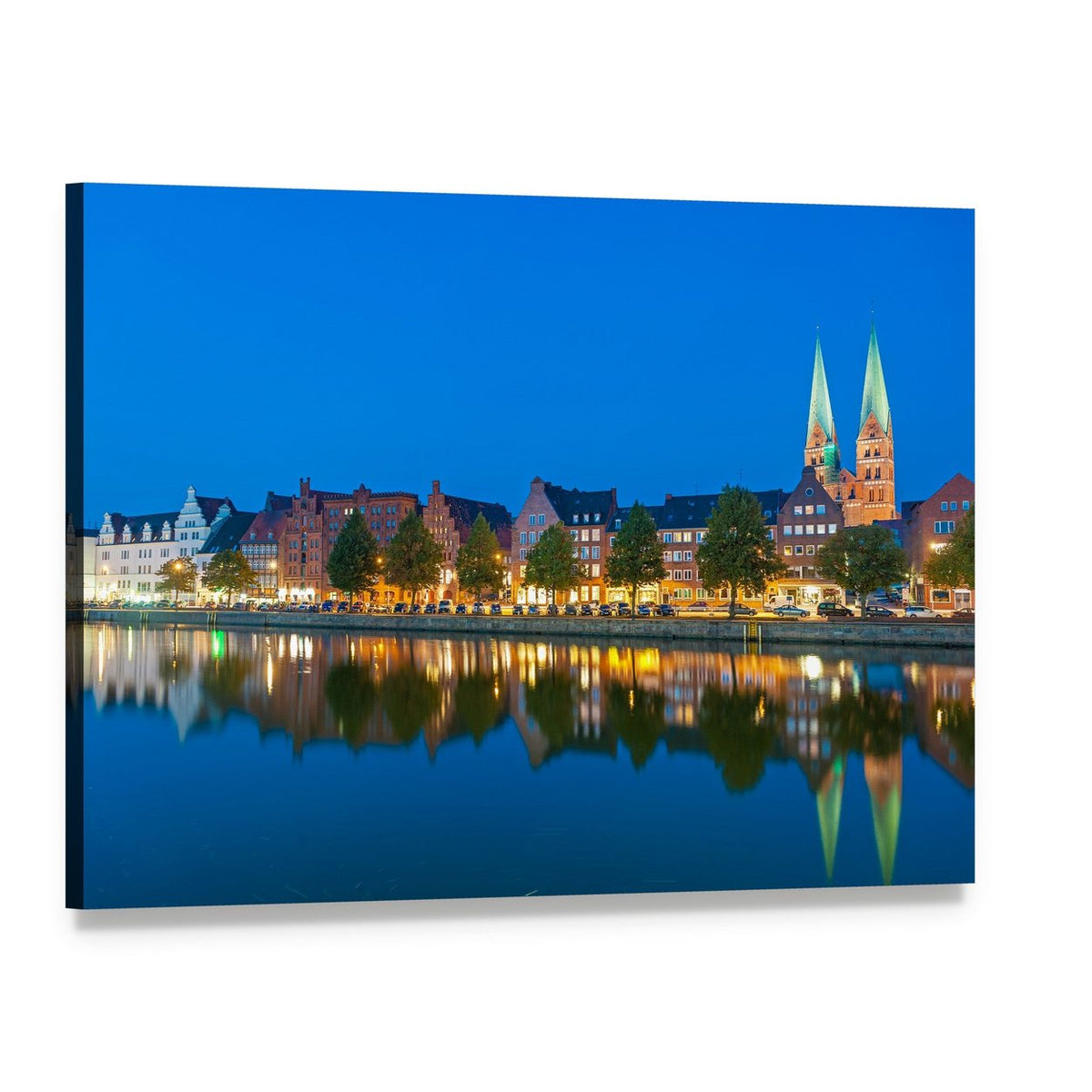 Untertrave River with Twin-spired Church Canvas Wall Art, single panel gallery wrapped canvas, angled product view