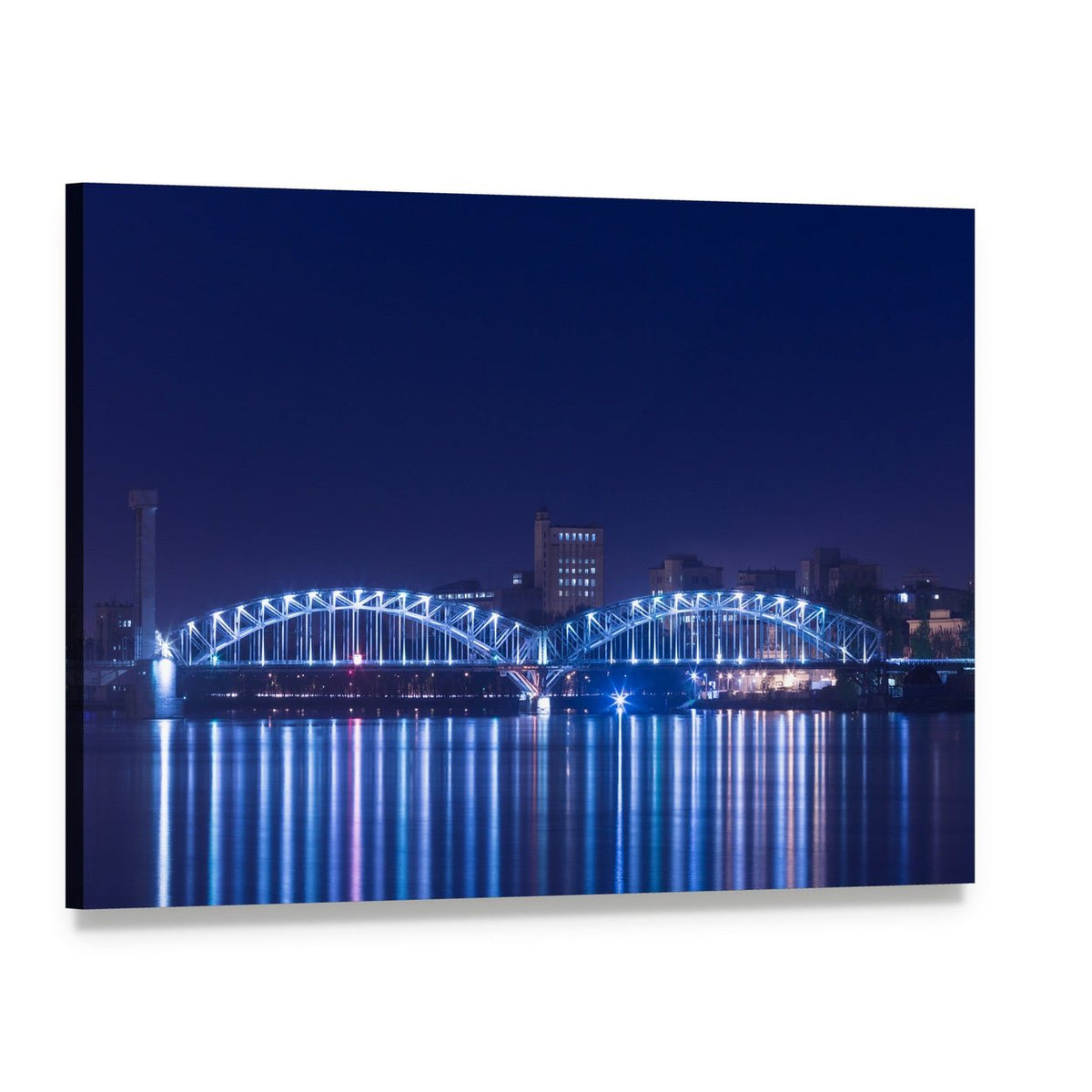 Railway Bridge Over River at Night Canvas Wall Art, single panel gallery wrapped canvas, angled product view