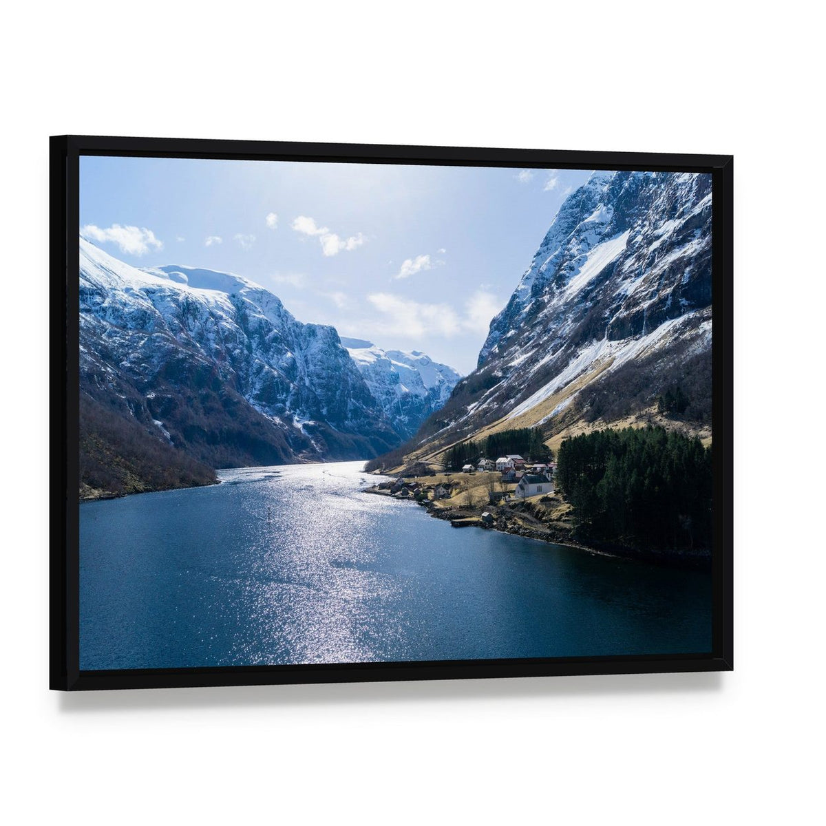 Ardal Fjord Village in Winter Canvas Wall Art, framed canvas in a black floater frame, angled product view